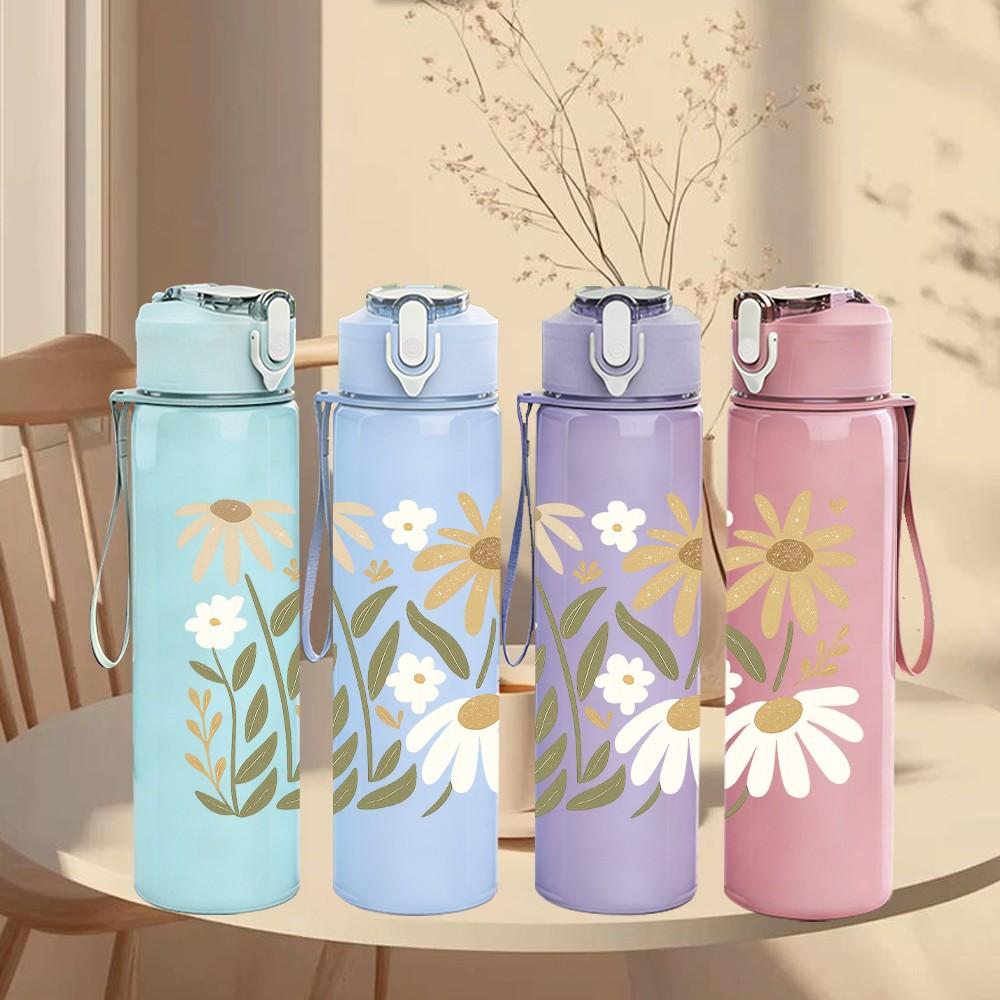 1PC Wild Daisy Bouquet Print 750ml Color Plastic Sports Water Bottle Leakproof Flip Straw Lid Suitable for Sports Office Home Use