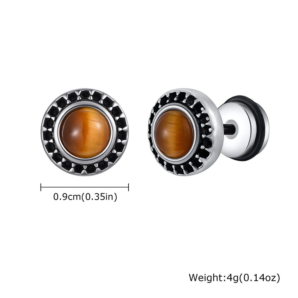 New Natural Stone Men's Small Round Stud Earrings,Simple Stainless Steel Metal Stud Earrings,Hip Hop Cool Jewelry Gift