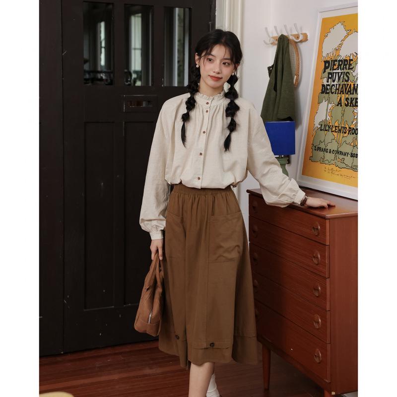 2026 Spring Women's Japanese Stand Collar Lace-Trimmed Slim Shirt