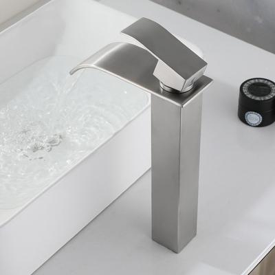 Şelale Havza Musluğu Güverte Üstü Paslanmaz Çelik Fırçalanmış Gümüş Lavabo Uzun Musluk Banyo Sıcak ve Soğuk Mikser Lavabo Muslukları