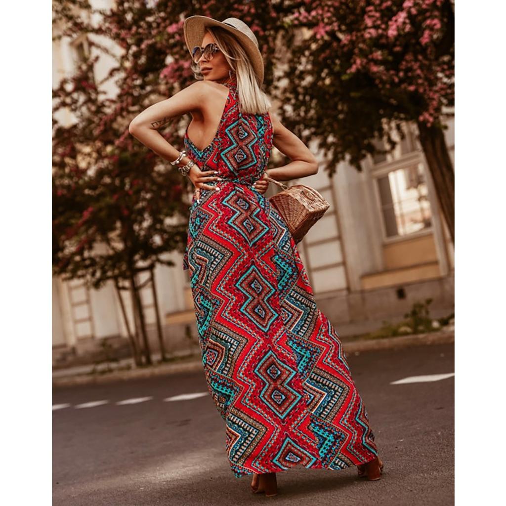 Women's Fashion Floral Print Halter Neck Beach Vacation Dress, European American Style Cross-border Women's Clothing