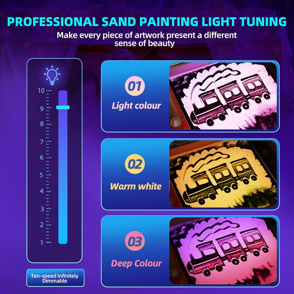 Glow-in-the-Dark Sand Art Kit for Kids, 7-Color Adjustable LED Light Box, Creative Drawing Toy, 40x28x9cm