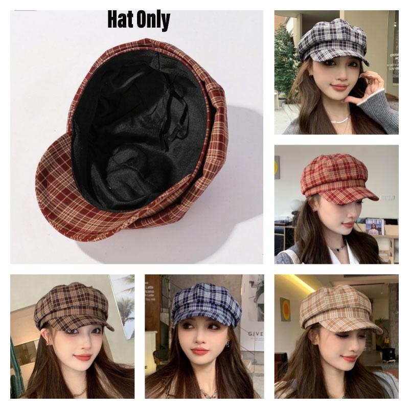 Vintage karierter achteckiger Hut für Damen Herbstmode Trendiges Barett Vielseitige lässige Schirmmütze