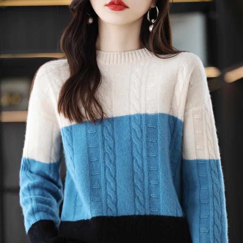 Color matching twist knitted bottoming shirt autumn and winter new loose femininity inner with crew neck sweater women's model