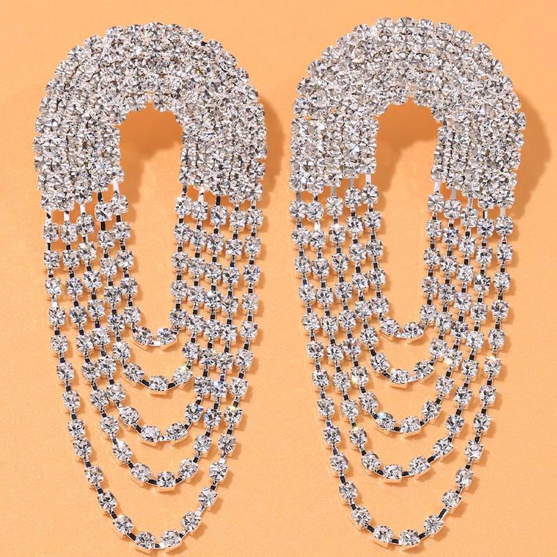 Orecchini a Frange a U con Strass alla Moda per Donna Orecchini Lunghi Multistrato Brillanti Esagerati Accessori Gioiello
