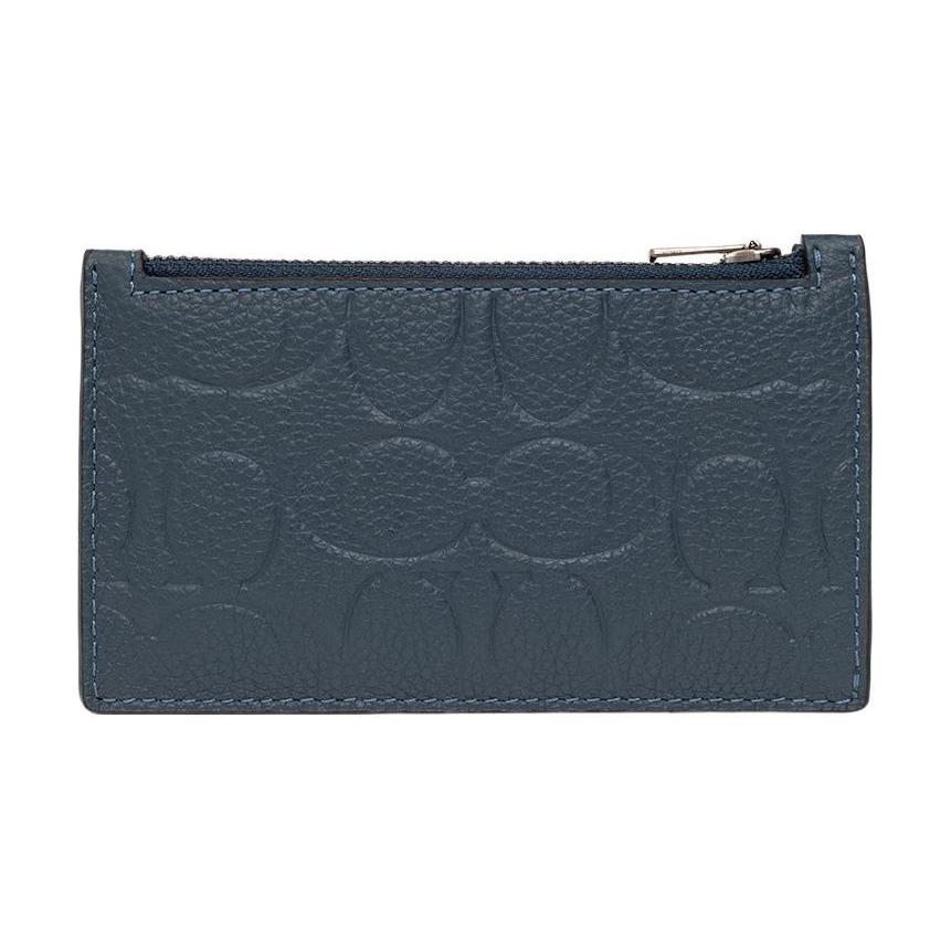 Coach Card Case 13 Logo Embossed Zipper Pocket Leather Mini Women Card Case Deep-Denim CH744-DDE Basic Set (Bag+Dust Bag)