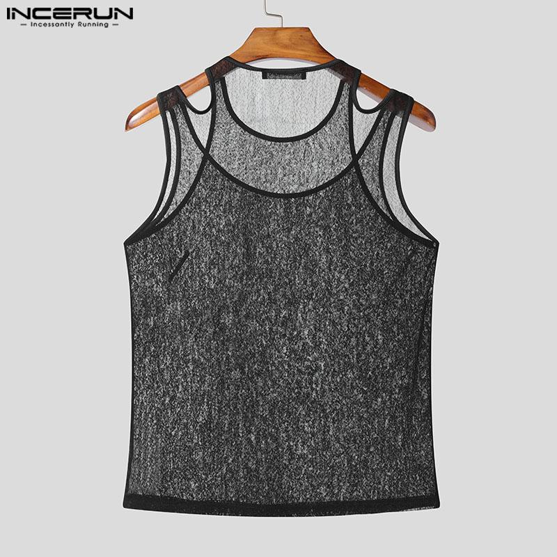 INCERUN Maiouri de petrecere transparente din plasă cu aspect de două piese false fără mâneci pentru bărbați