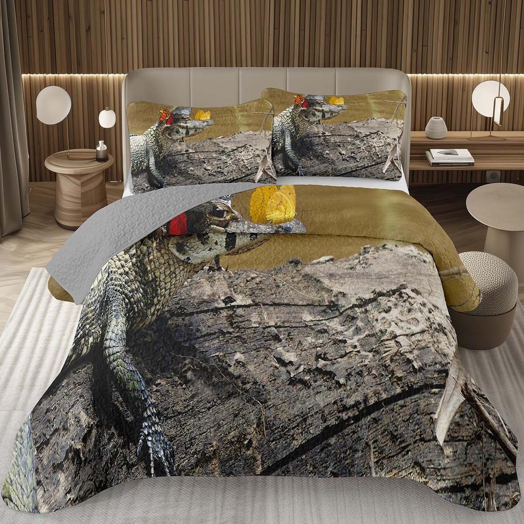 Teens Krokodil Tagesdecke Alligator Muster Tagesdecke Set Full Queen Größe Wildtier Gestepptes Bettwäscheset für Kinder Jungen Mädchen