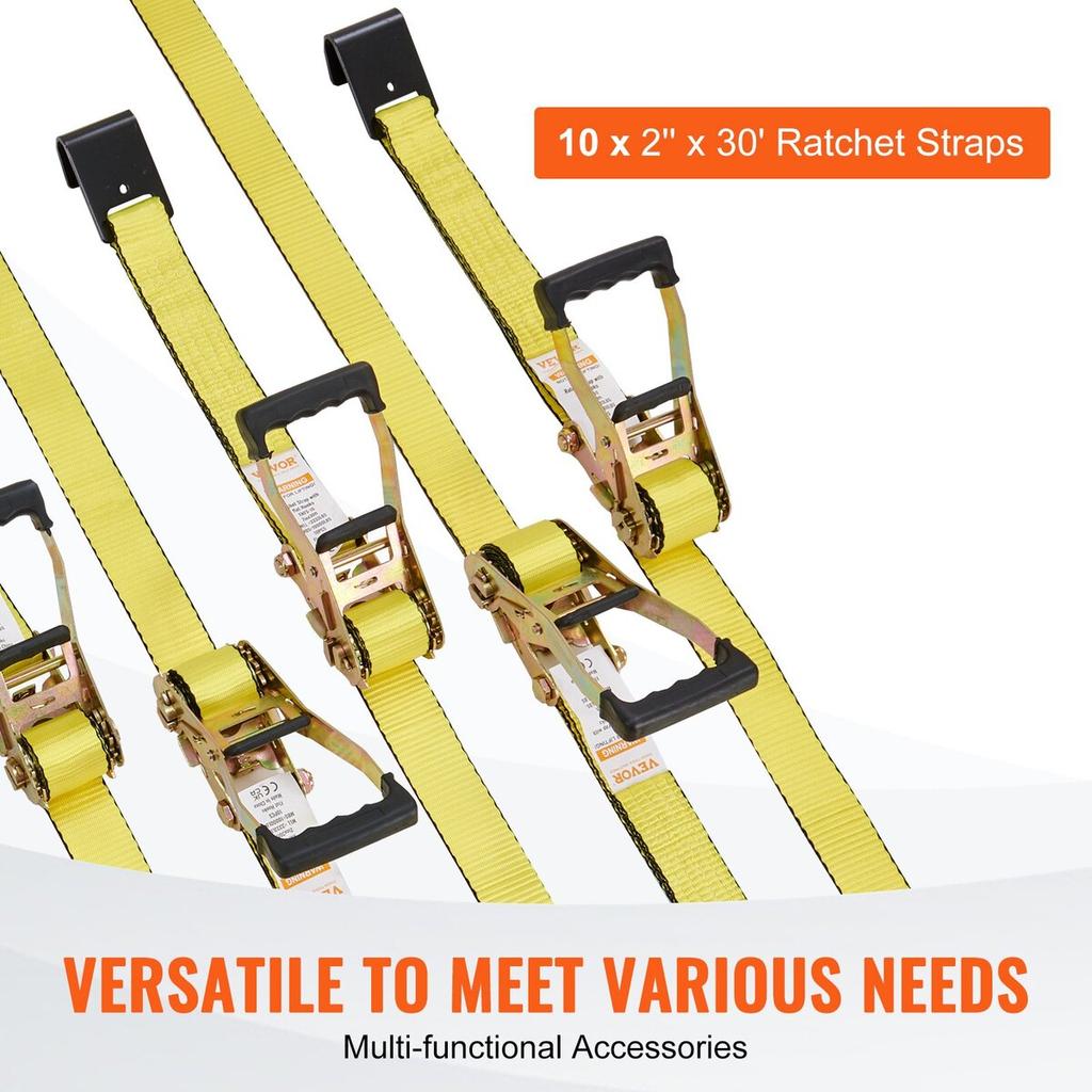 Ratchet Tie Down Straps (10PK), 10000 lb Break Strength, Endless Ratchet with 10 Premium 2" x 30' Tie Downs Heavy Duty, Track Spring Fittings for