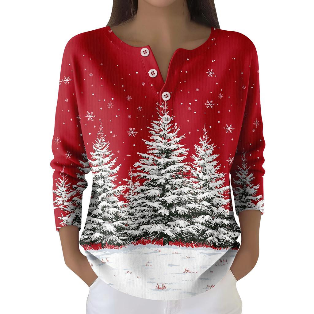 Dámský módní top s dlouhým rukávem a vánočním potiskem sněhových vloček, elegantní ležérní top