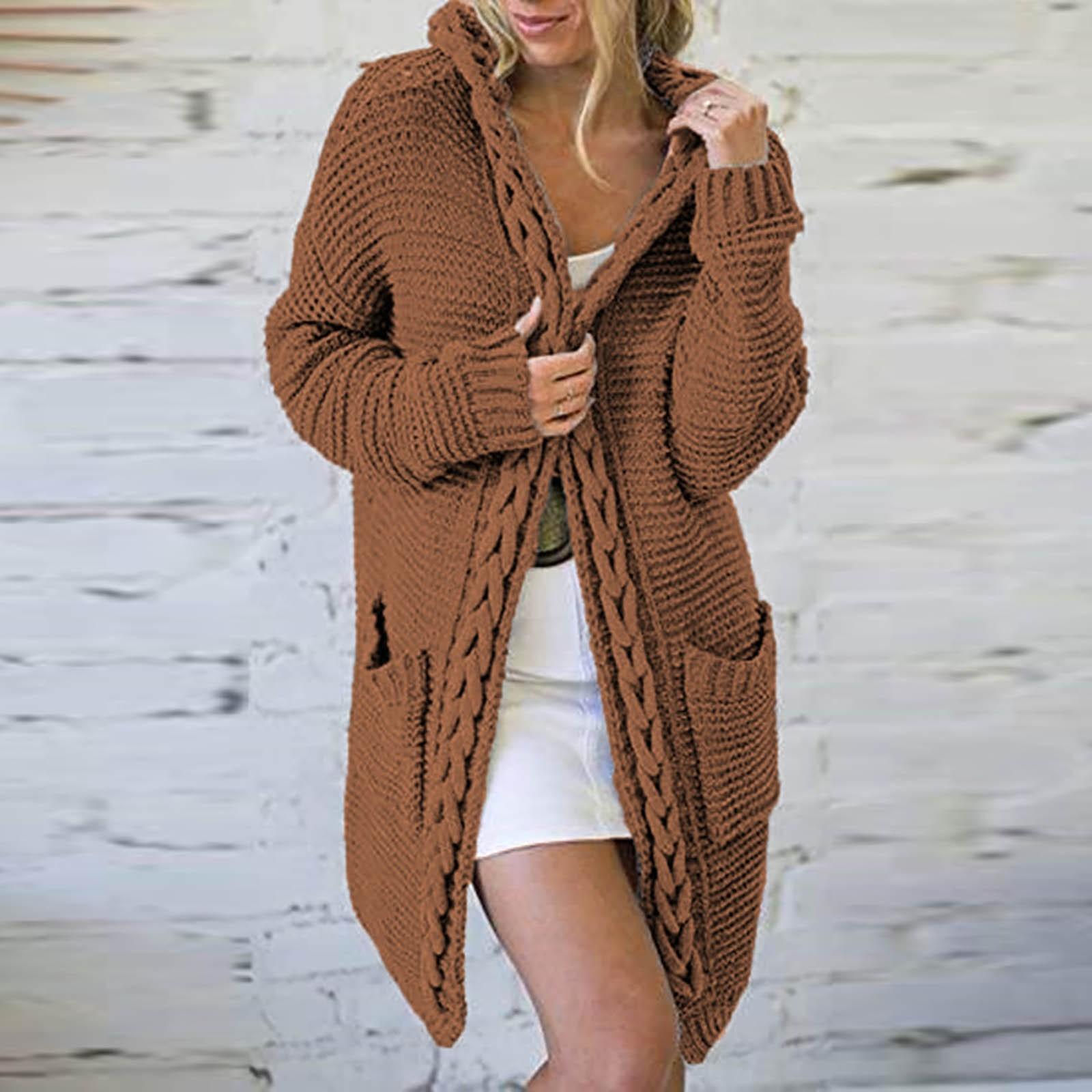 

Женский осенне-зимний однотонный свободный вязаный свитер с карманом и капюшоном L коричневый