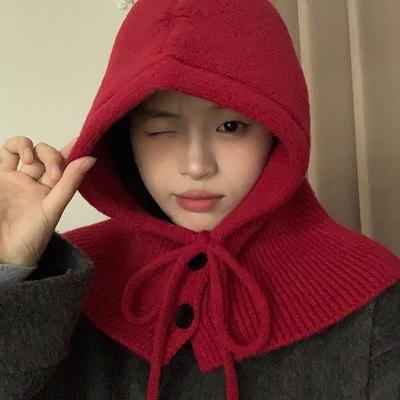 Schlichter Schal im koreanischen Stil mit integriertem Nackenschutz, warm, gestrickt, Wolle, Ohrenschutz, Schal, Mütze