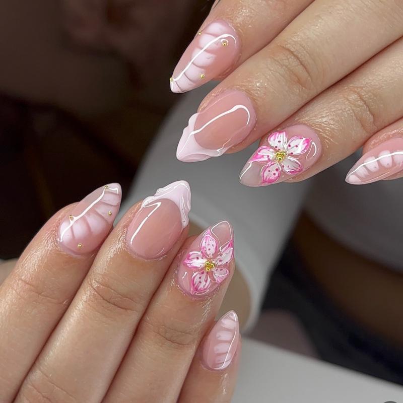3D Stereo Floral French Pink False Nails - Trendy Wearable Nail Art Tips
