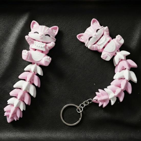 Keychain Cartoon Cat Fox Design with Metal Ring Keychain Pendant 3D Printed Movable Joints Flexible Body
