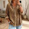 Women's Leopard Print Korean Shirt with Long Sleeve Lapel Collar, Double Pockets, Loose Fit Casual Fall Winter Top