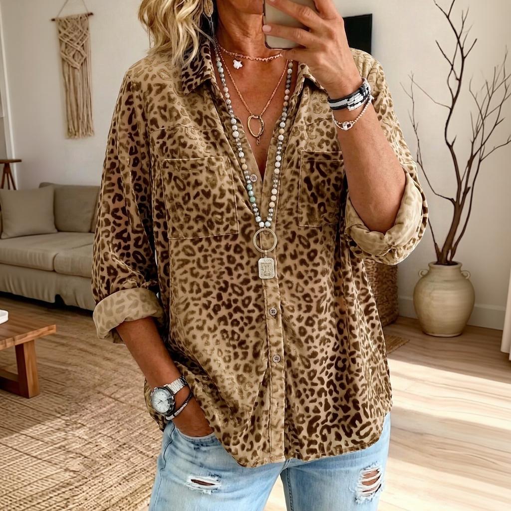 Women's Leopard Print Korean Shirt with Long Sleeve Lapel Collar, Double Pockets, Loose Fit Casual Fall Winter Top