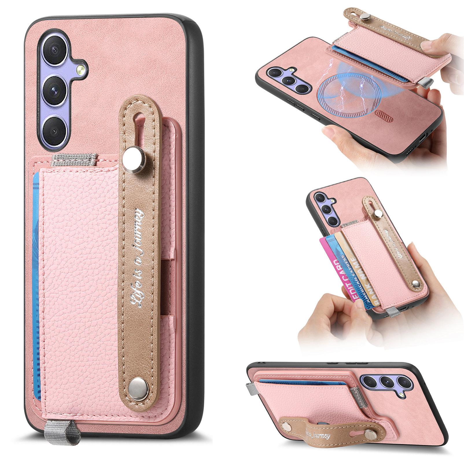 

For Samsung Galaxy A15 5G/Galaxy A15 4G Magnetic Leather Back Case with Detachable Card Holder and Wristband Pink