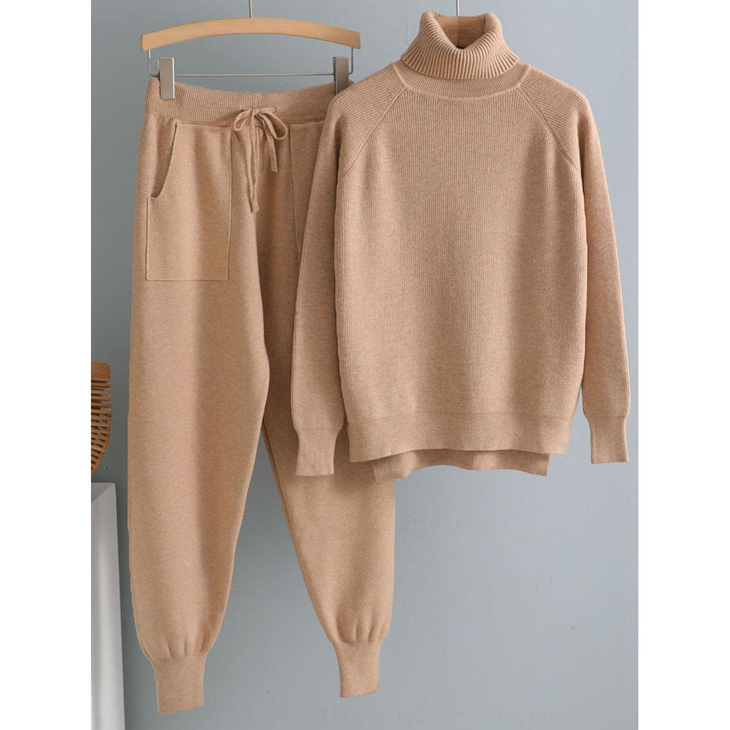 

Комплект из 2 предметов женский трикотажный спортивный костюм водолазка свитер + морковные спортивные штаны пуловер свитер комплект ШИК трикотажная верхняя одежда One Size хаки