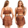 Womens Tribal Princess Set Off Shoulder Crop Top Mini Skirt Vintage Pattern Trim Tiered Tassel Faux Suede Costume