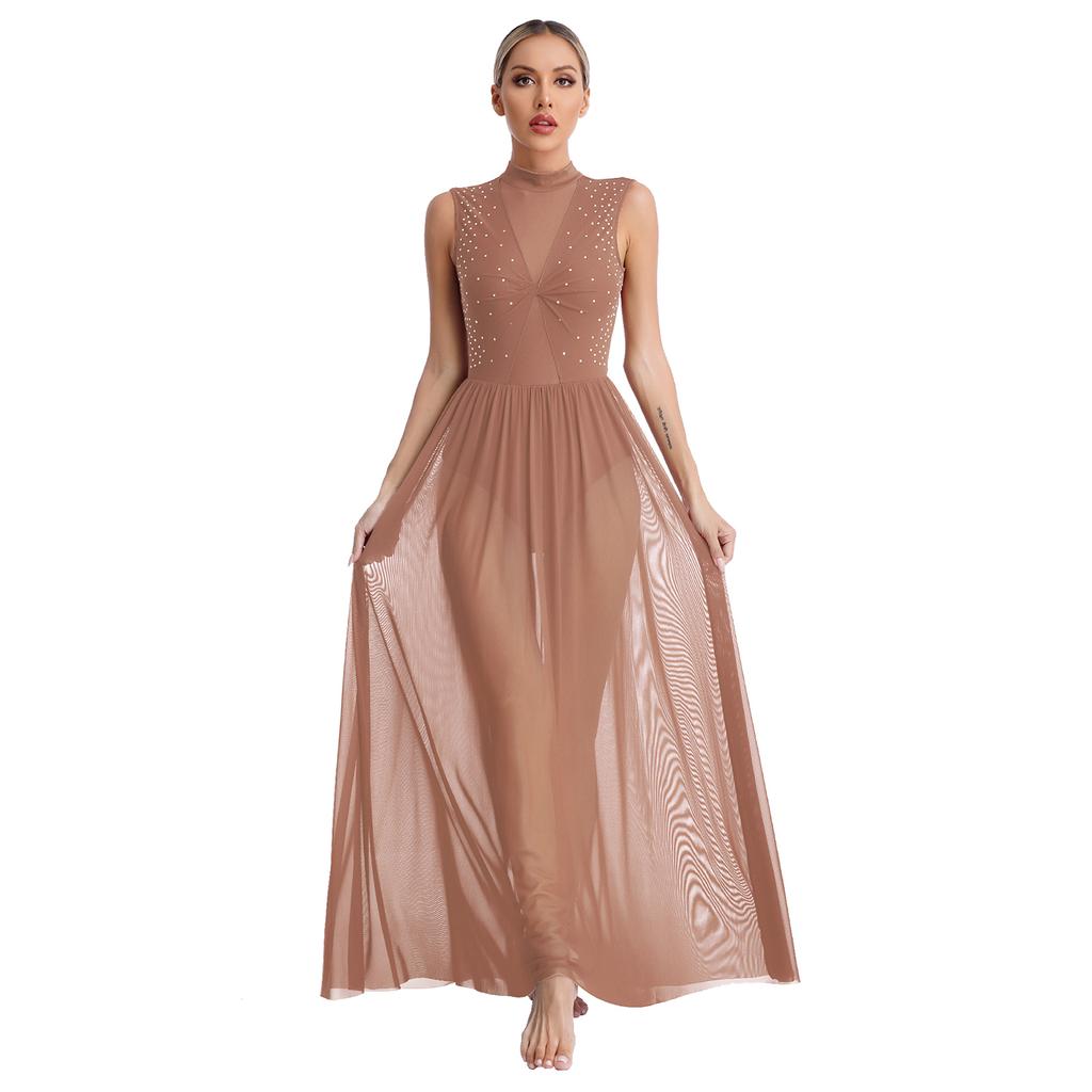 Womens Shiny Rhinestone Lyrical Dance Dress Mock Neck Sleeveless Open Back Twist Front Sheer Mesh Overlay Leotard