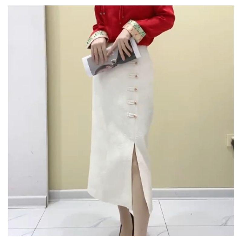 

Highlight Elegance Aura! Chinese Style Women s Jacquard Cotton Front Slit Buckle over-the-Knee Skirt Back Zipper All Year Round Skirt Beige 4XL