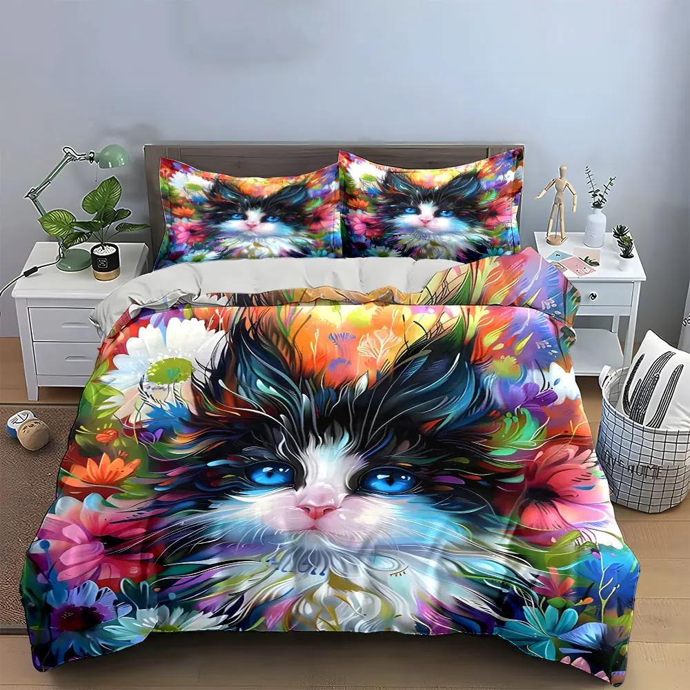 "Colorful Cat Floral Art Prints" Multiple sizes kid's and adults' bedroom Exquisite 3PC bedding set, gift