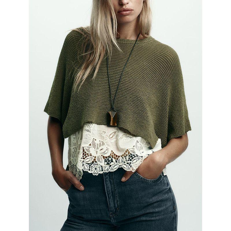 Za2025 Autumn New Women clothes Versatile Short sleeve Patchwork off-Neck Short sleeve Knitwear 2756134 505