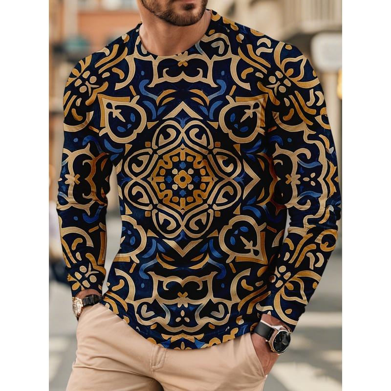 3D Print Luxurious Exquisite T Shirt For Men Colorful Pattern Tees Autumn Fashion Casual Long Sleeves O-Neck Tops Loose T-Shirts