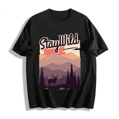 Stay Wild Outdoor Mountain Elk Print Casual Unisex T-shirt Pure Cotton T-shirt