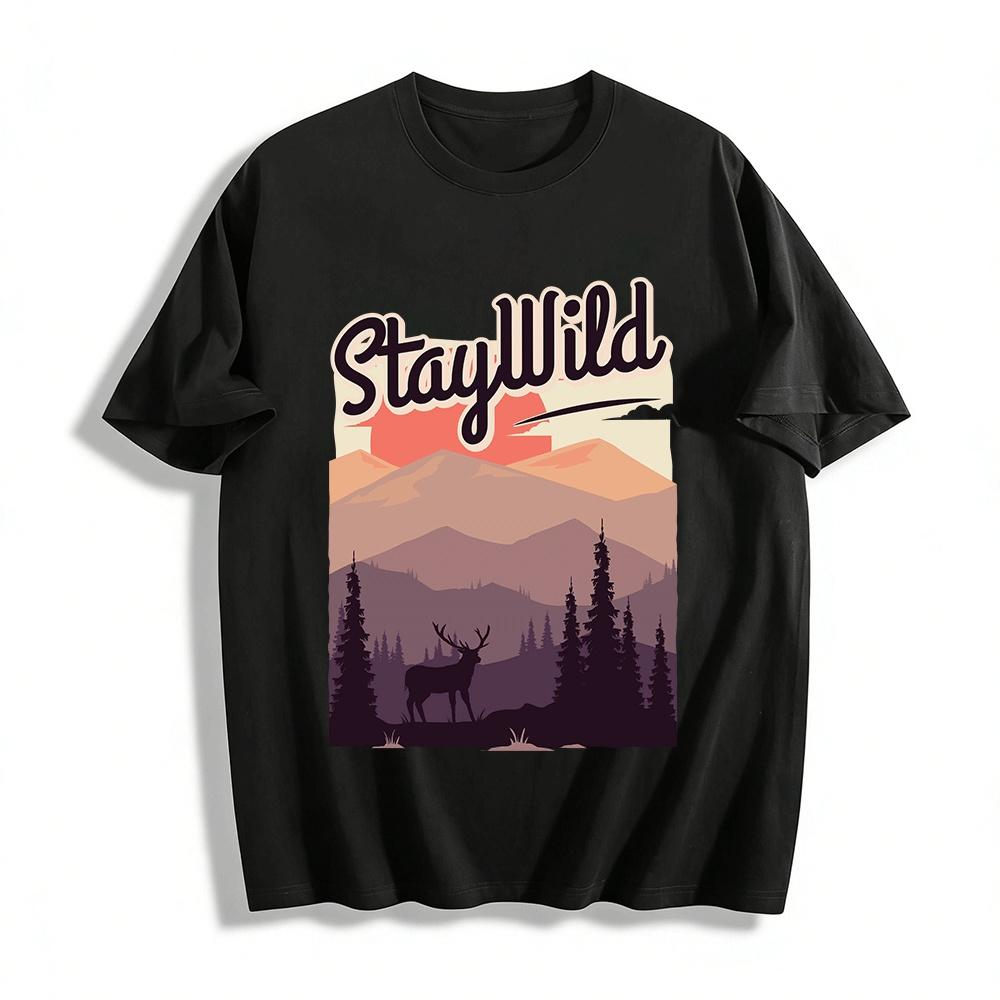 

Stay Wild Outdoor Mountain Elk Print Casual Unisex T-shirt Pure cotton T-shirt XXS