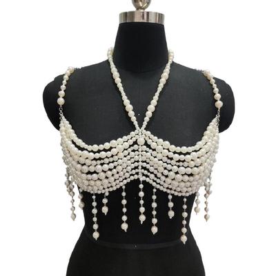 Faux Pearls Beaded Harness Bra Chest Chain for Women’s Party and Beach Clubwear Tassels Body Jewelry Bralette Crop Top