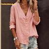 Women's Fashion Casual Solid Color Print Long Sleeve  V Neck Blouses & Shirts