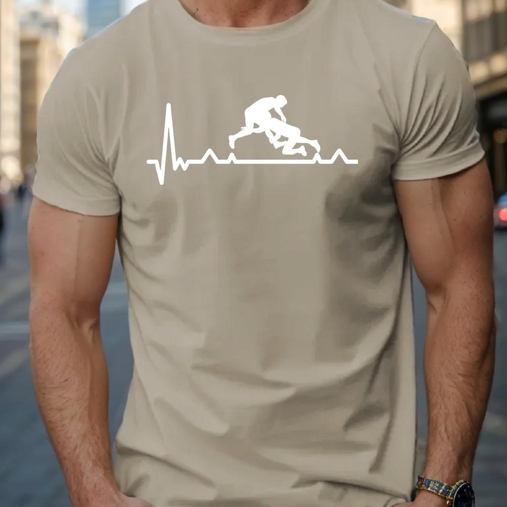 Wrestling Heartbeat ECG Graphic Tee Mens Short Sleeve Cotton TShirt Casual Summer