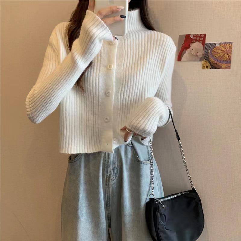 Women's 100% Pure Wool Stand Collar Loose Cardigan - High Neck Ribbed Cashmere Sweater, Autumn & Winter Style.