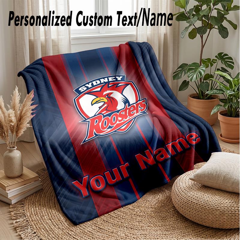 Sydney Roosters Custom Flannel Throw Blanket Print Your Name Text Soft Warm Blanket Holiday Present