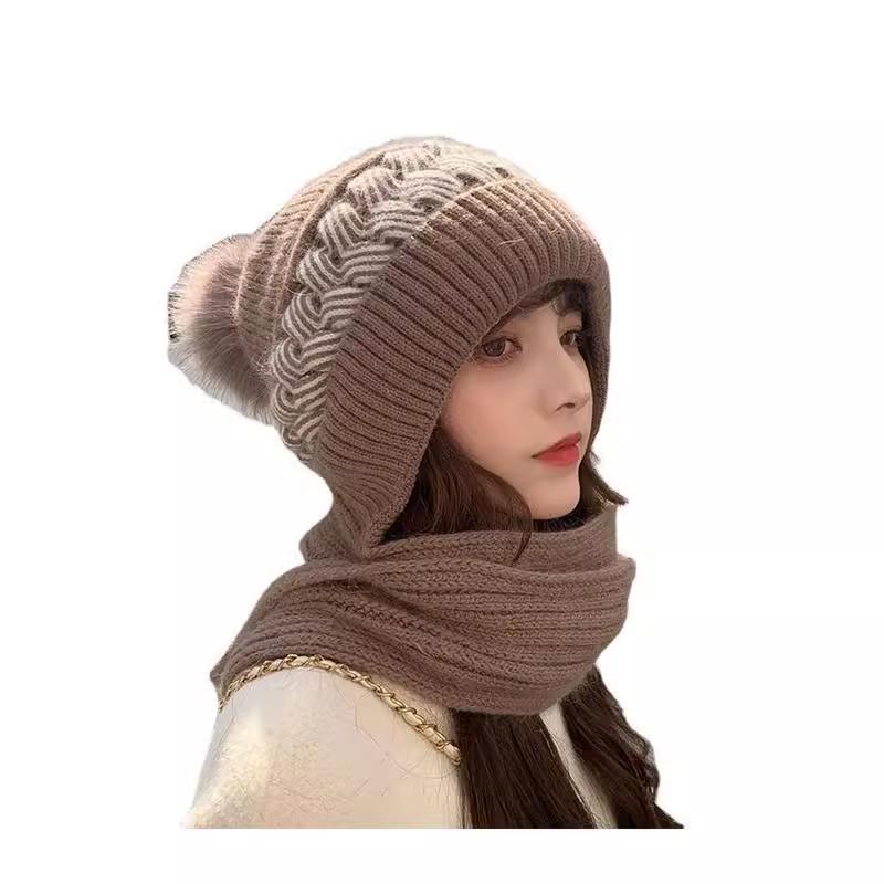 Women's Korean-Style Velvet Knit Hat & Scarf Set - Warm, Versatile, with Ear Protection for Autumn and Winter.