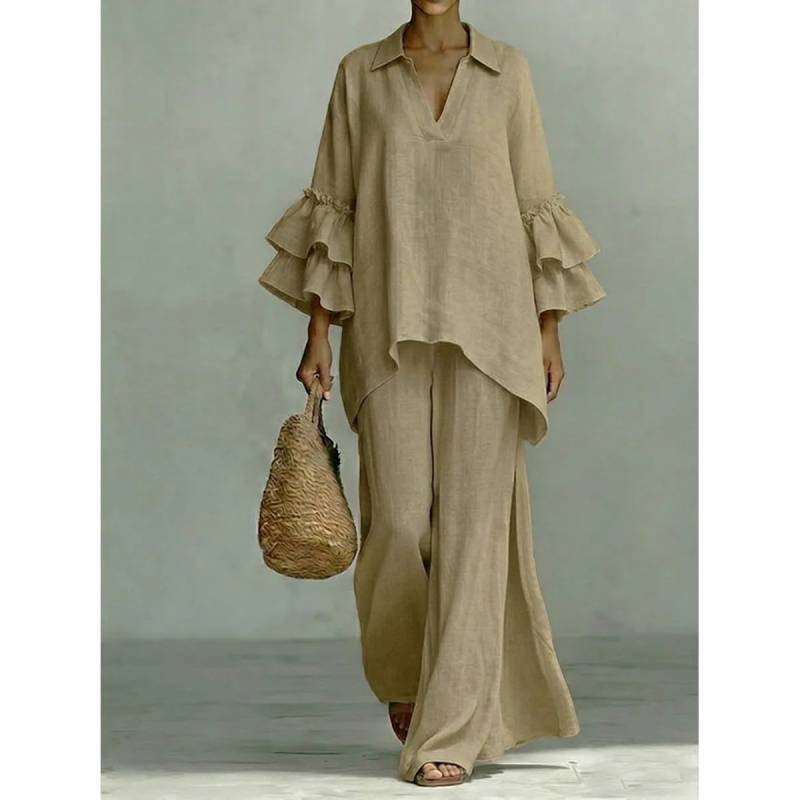 Bohemian Style Casual Twopiece Pants Suit With Spliced Cotton Linen For Women Summer Comfort
