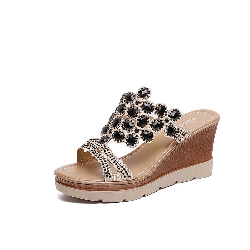 Women Summer Fashion Elegant Shoes Peep Toe Breathable Anti-slip Beach Sandals Rhinestone Slip-On Wedges Platform Sandals