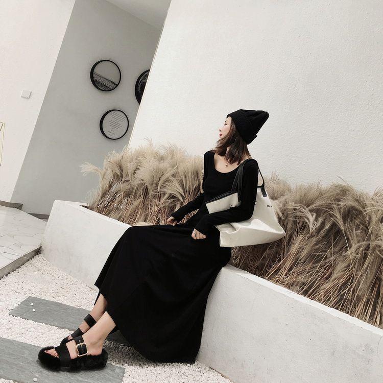 Hepburn-Style Slim-Fit Long Black Dress - Cinched Waist, Elegant Spring/Autumn 2026