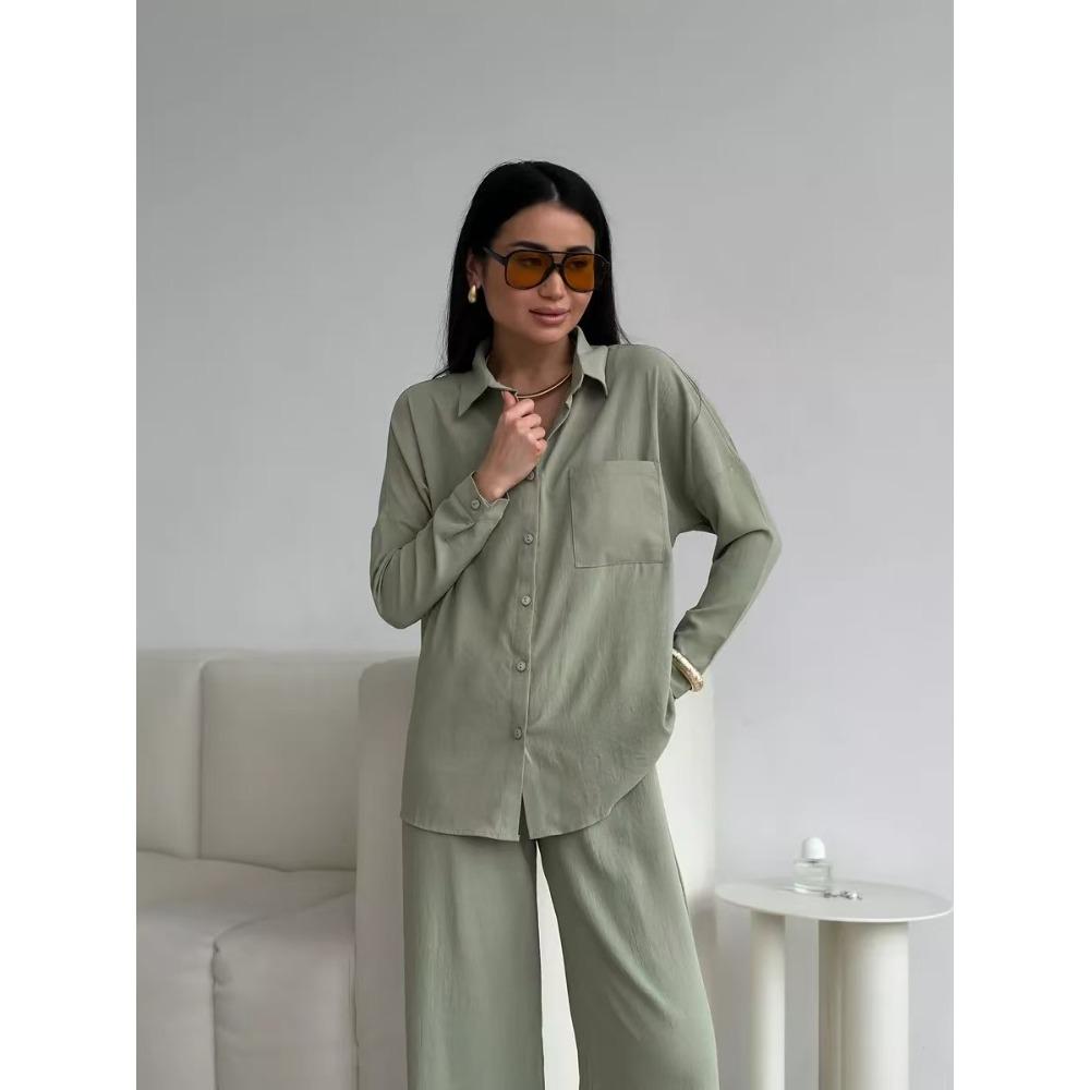Women's Lapel Pocket Long Sleeve Button Down Shirt And Elastic Waist Wide Leg Pants Two Piece Casual Tracksuit