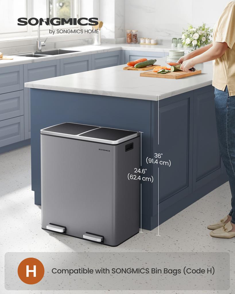 SONGMICS Dual Rubbish Bin, 2 x 8 Gallon (2 x 30 L) Metal Recycling Bin with 15 Rubbish Bags, 2-Compartment, with Lids, Pedals, Plastic Inner Buckets