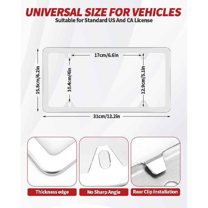 Chrome License Plate Frame Made Of Zinc Alloy Metal, Universal Car Accessories,1 Pack License Plate Holder Never Rust And Unbreakable With Metal