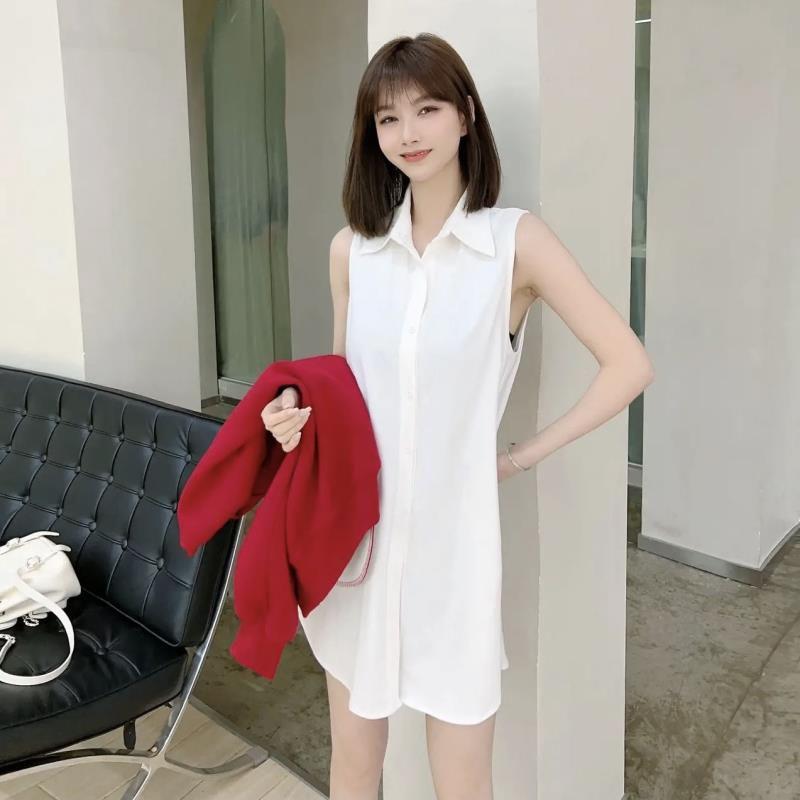 

Kaka s Korean Style Sleeveless White Mid-Length Shirt with Velvet Layering for Women L