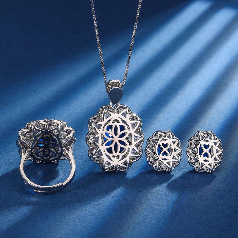Ladies' Light Luxury Fashion Design Blue Flower Earnail Set Vintage Pendant Set Jewelry Festival Gift Daily Accessories