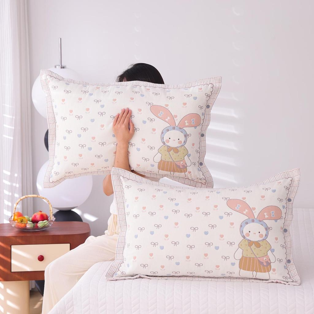High-Density Cotton Gauze Snap Pillowcase Set - Cartoon Design, Year-Round Use, Non-Slip, Set of 2