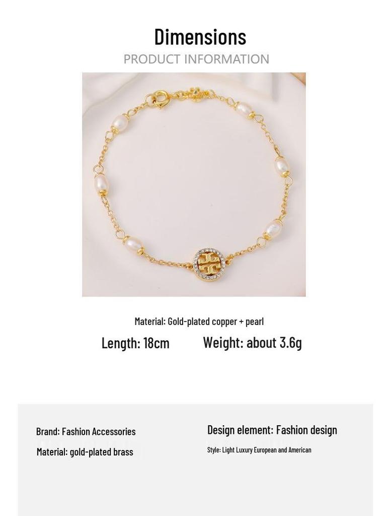 Double T Logo Pavé Pearls Bracelet - Brass, Gold Plated, Light Luxury