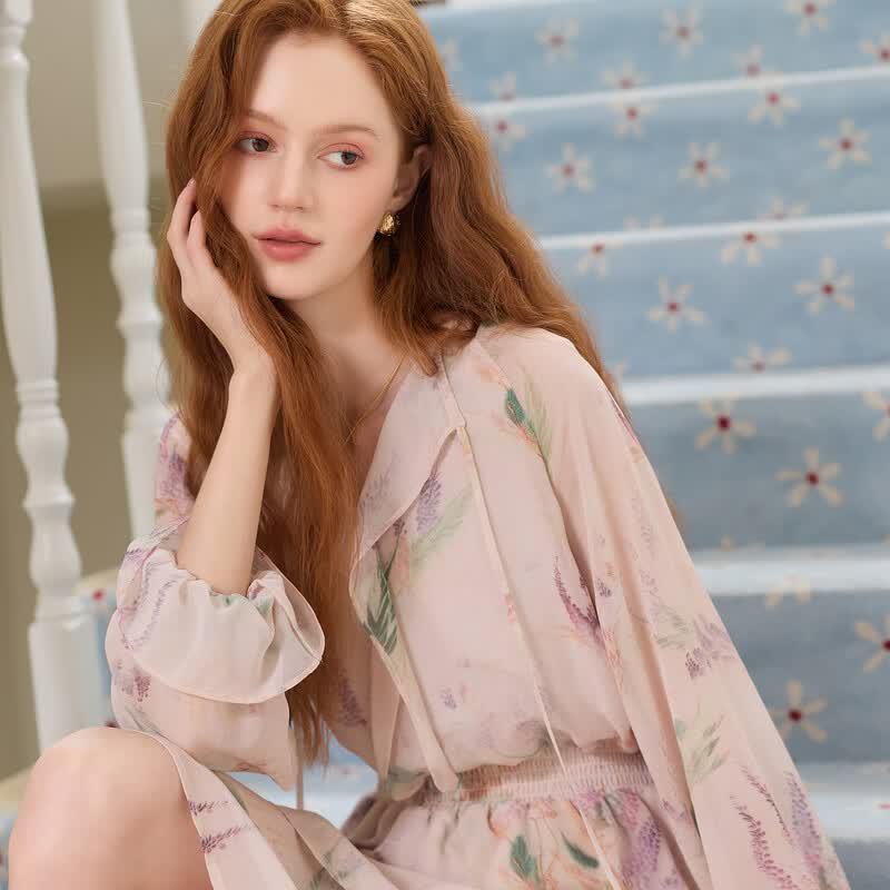 Sancai 2026 Autumn Ruffled V-neck Printed Chiffon Long Sleeve Dress