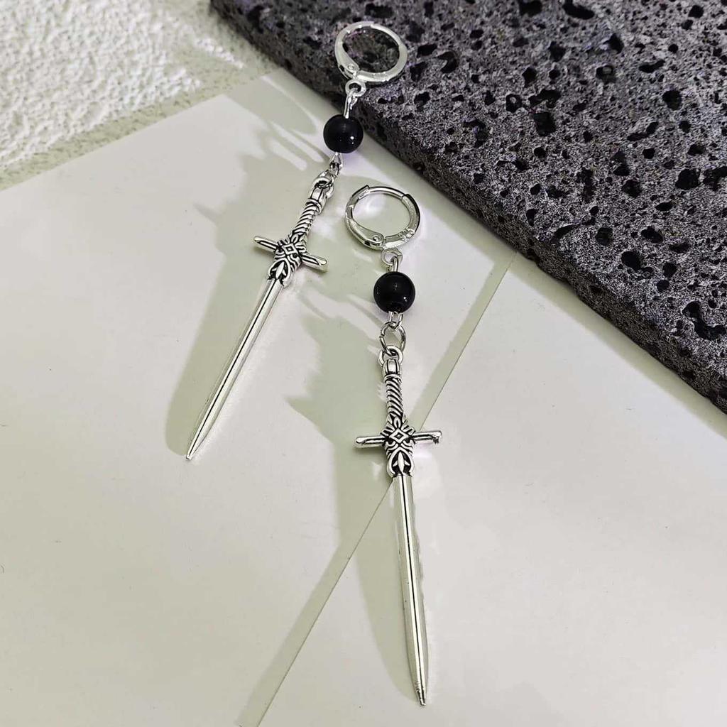 Dark Aesthetics Gothic Sliver Color Cross Sword Pendant Dangle Earrings for Women Halloween Witchcraft Jewelry Rock Accessory