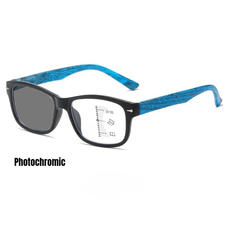 Men Women Fashion Photochromic Multifocal Reading Glasses Square Frame High Definition Anti-Blue Light Presbyopia Glasses +4.0