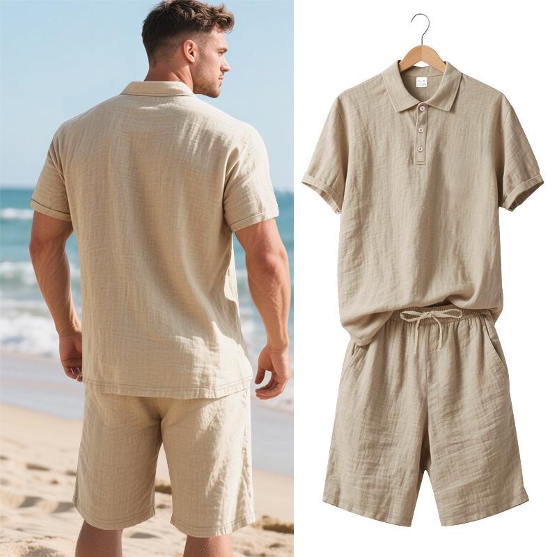 Men's Summer Sporty Cotton Linen Two-Piece Set: Breathable Short Sleeve Polo Shirt & Lapel Shorts